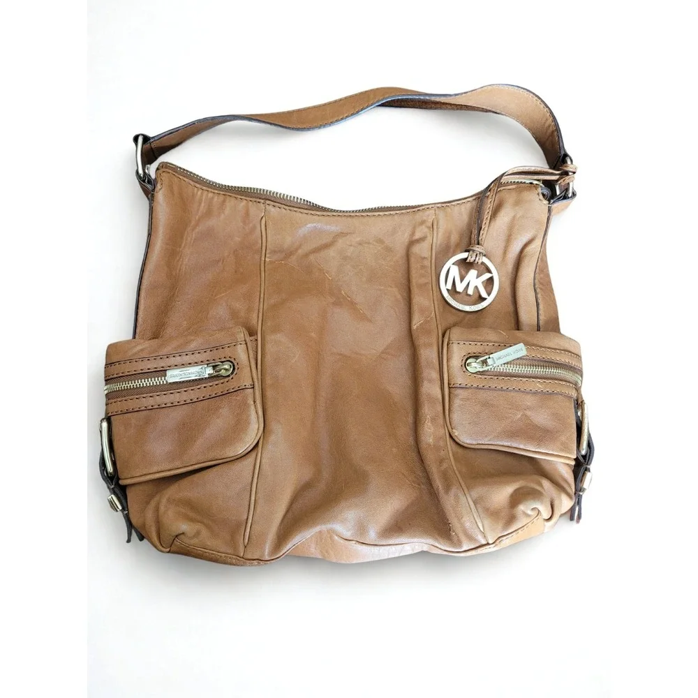 Michael Kors Cognac Brown Leather‎ Medium Shoulder Satchel Bag Buckles Boho Hobo